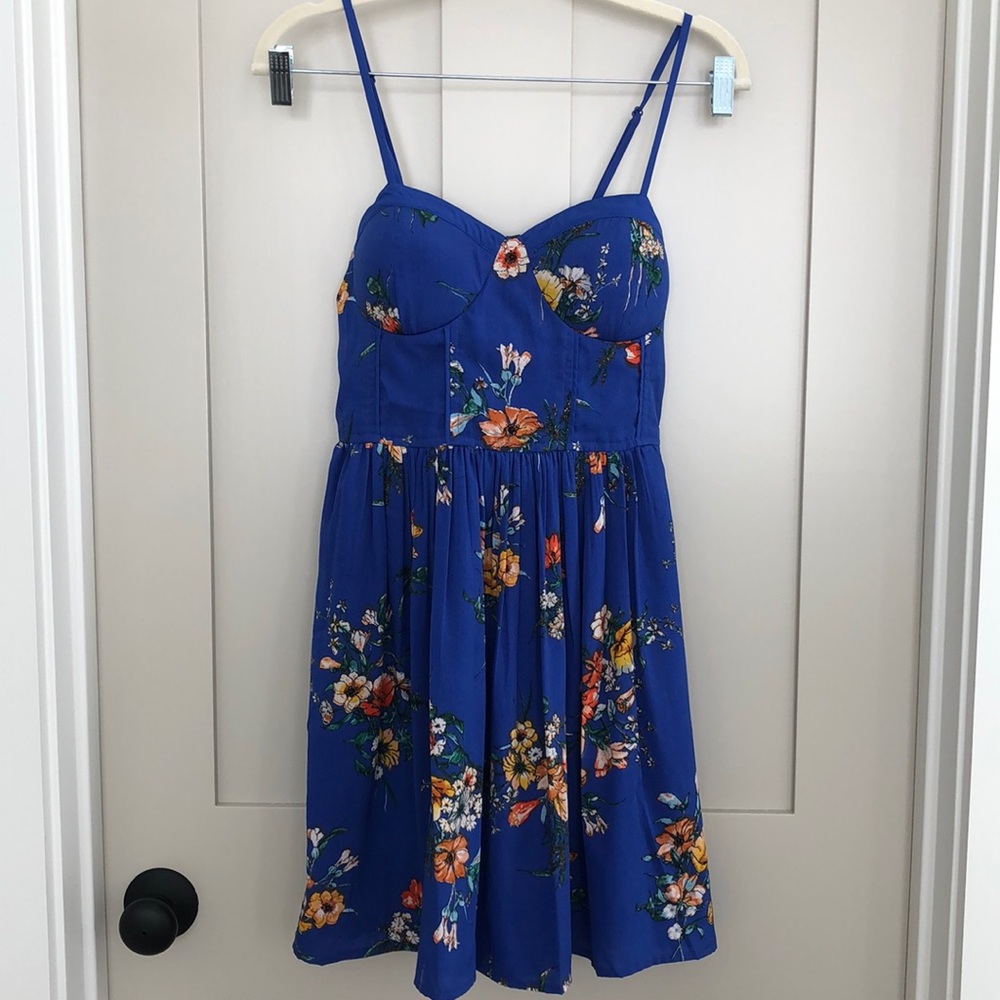 Blue Pleated Floral Dress